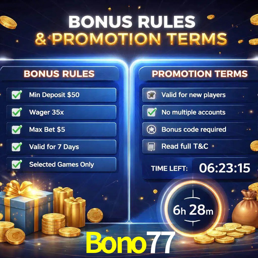 Reglas de promoción Bono77 y condiciones de bonos explicadas visualmente