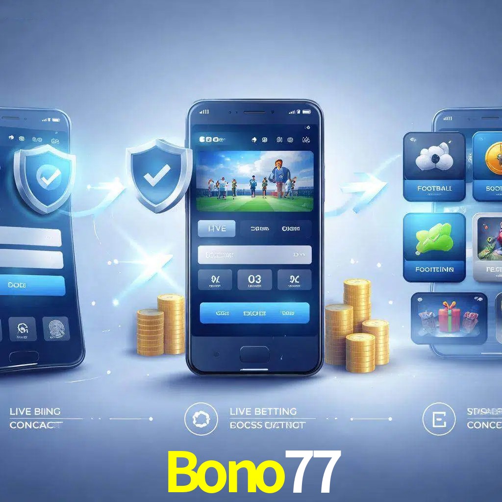 Pasos de acceso a la app Bono77 en pantalla de teléfono móvil