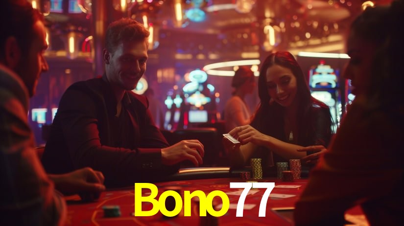 Escena dinámica inspirada en casino con iluminación Bono77, cartas, fichas e íconos de juegos digitales en un espacio moderno de juegos.