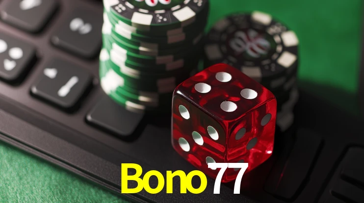 Una escena digital vívida inspirada en casino con Bono77 mostrado prominentemente, luces brillantes, fichas, cartas y acentos dorados.