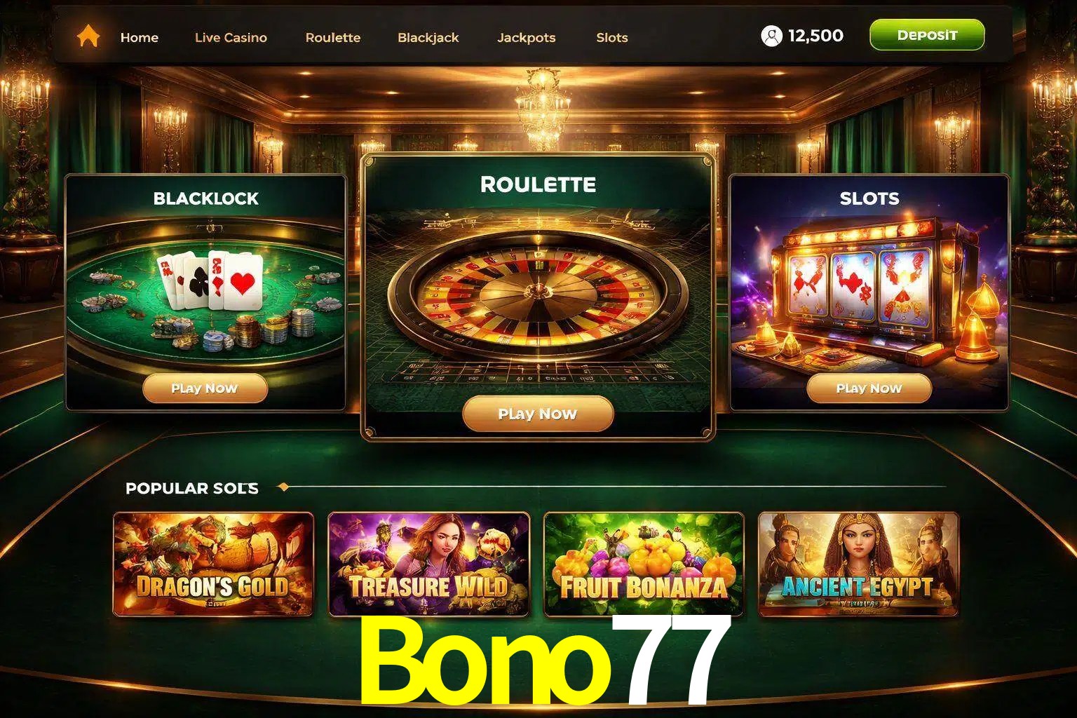Vista de la plataforma Bono77 Casino mostrando categorías organizadas de juegos en línea