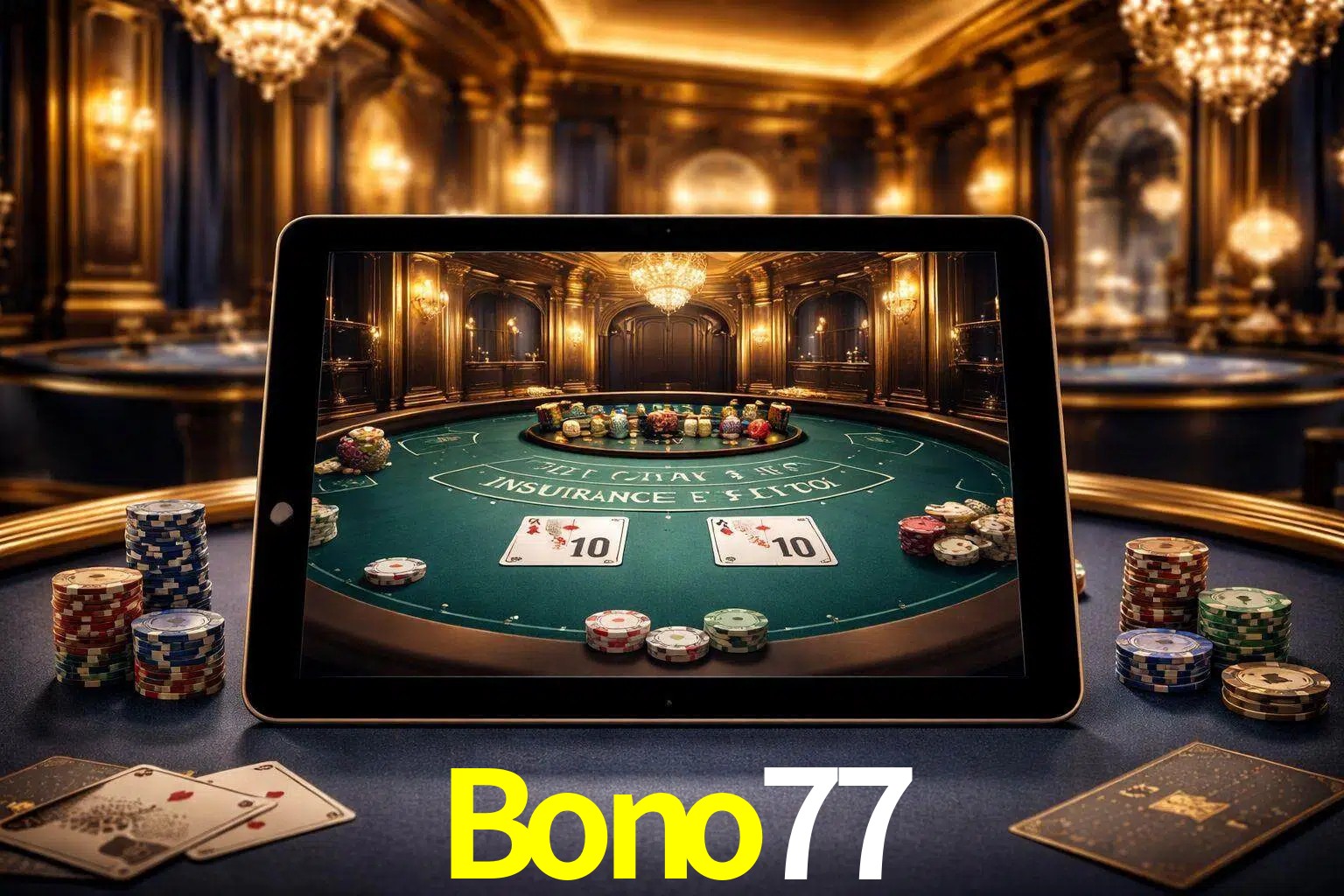Configuración moderna de casino en vivo con una tableta mostrando una mesa de blackjack, luces cálidas de estudio y una atmósfera elegante de juegos digitales.