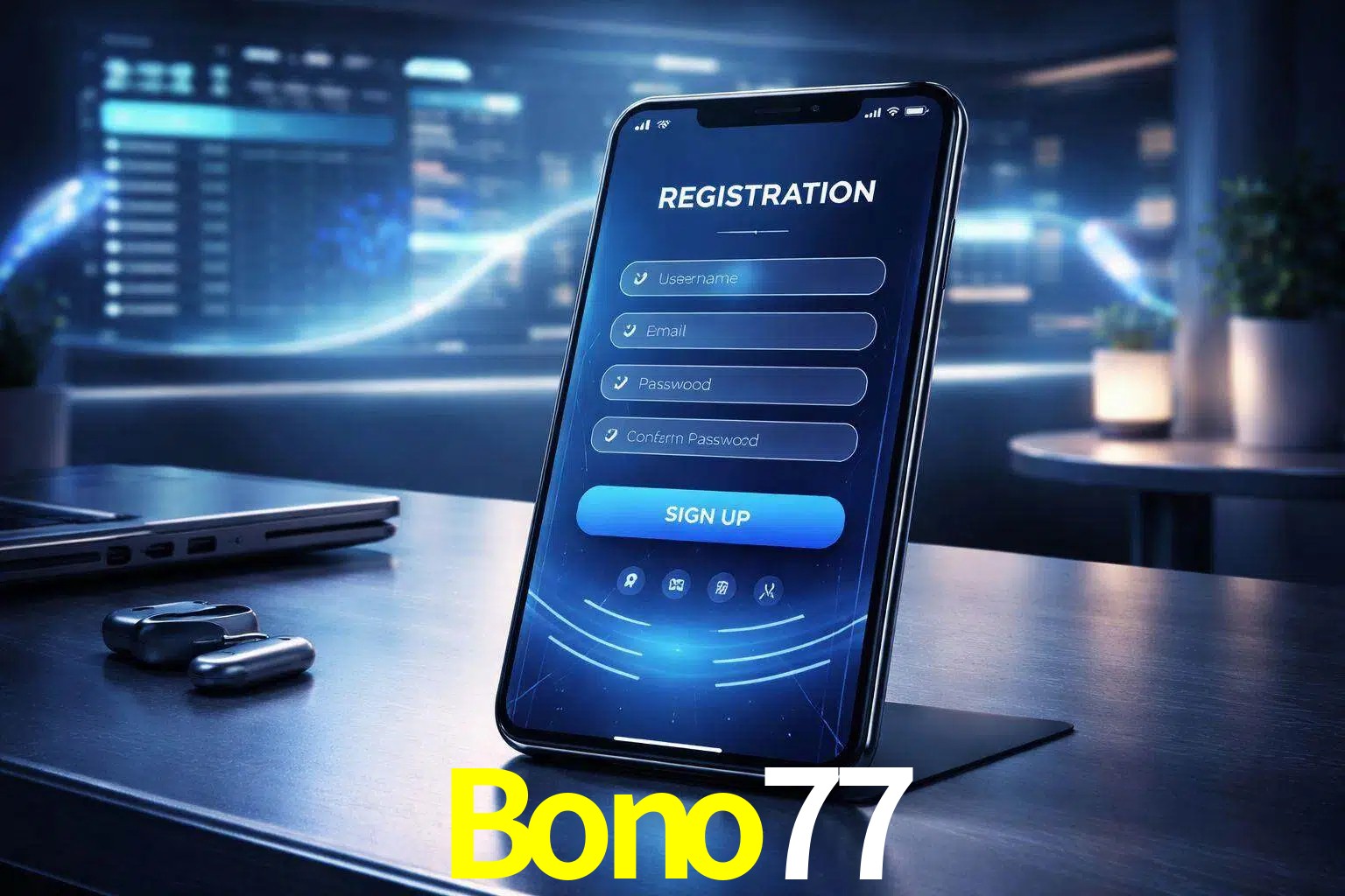 Una interfaz moderna de registro móvil para Bono77 mostrada en un smartphone con un panel de apuestas elegante.